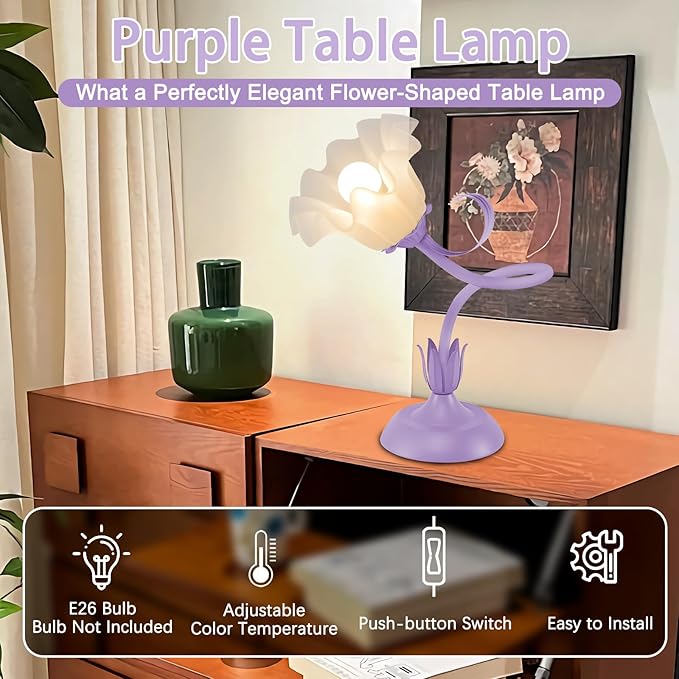 Women Bedside Table Lamps for Bedroom, Cute Flower Desk Lamp with Adjustable Flexible Gooseneck, 3 Color Temperatures Nightstand Lamp with E26 LED Bulbs, Floral Lamp for Living Room, Office,Reading