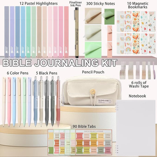 54Pcs Bible Journaling Kit with Pencil Case, Bible Highlighters and Pens with Tabs, Notebook, Bible Study Supplies Journel Essentials Accessories Tools for Women,Back to School Gifts (White)