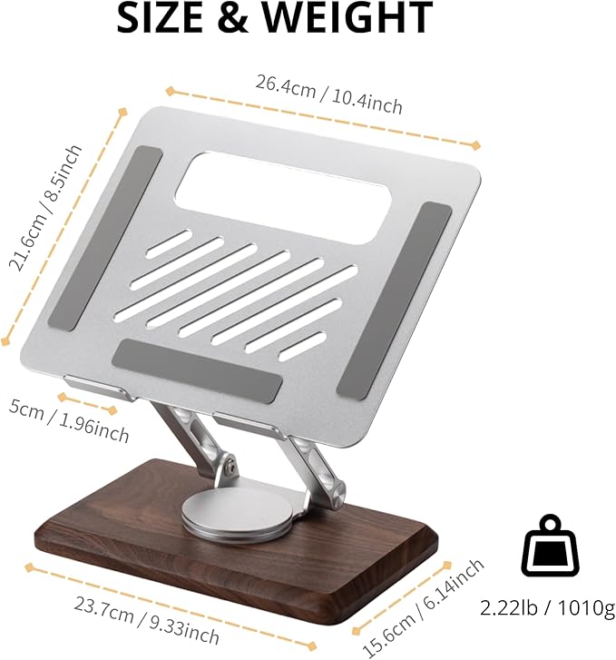 muso wood Laptop Stand for Desk, Laptop Riser with 360 Rotating Walnut Base, Adjustable Laptop Stand, Ergonomic Wooden Laptop Ventilated Stand for 10 to 17.3 Inches Notebook PC Computer