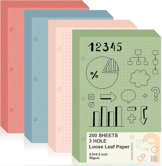 200 Sheets Half Letter 3 Hole Notebook Dot Grid Paper 5-1/2 x 8-1/2 Loose Leaf Paper for Mini Binder Colored Dotted Graph Paper Bulk Dotted Paper Refills for Planner Inserts for School Office