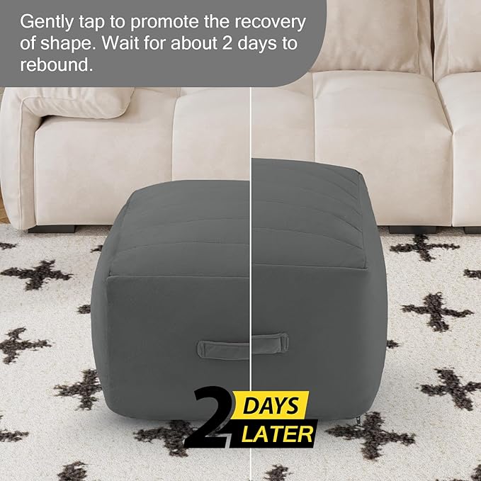 MeMoreCool Square Stuffed Pouf Ottoman Foot Rest, Floor Pouf Foot Stool with Foam Chunk Filling, Soft Stuffed Ottoman Footrest for Living Room, Dark Grey