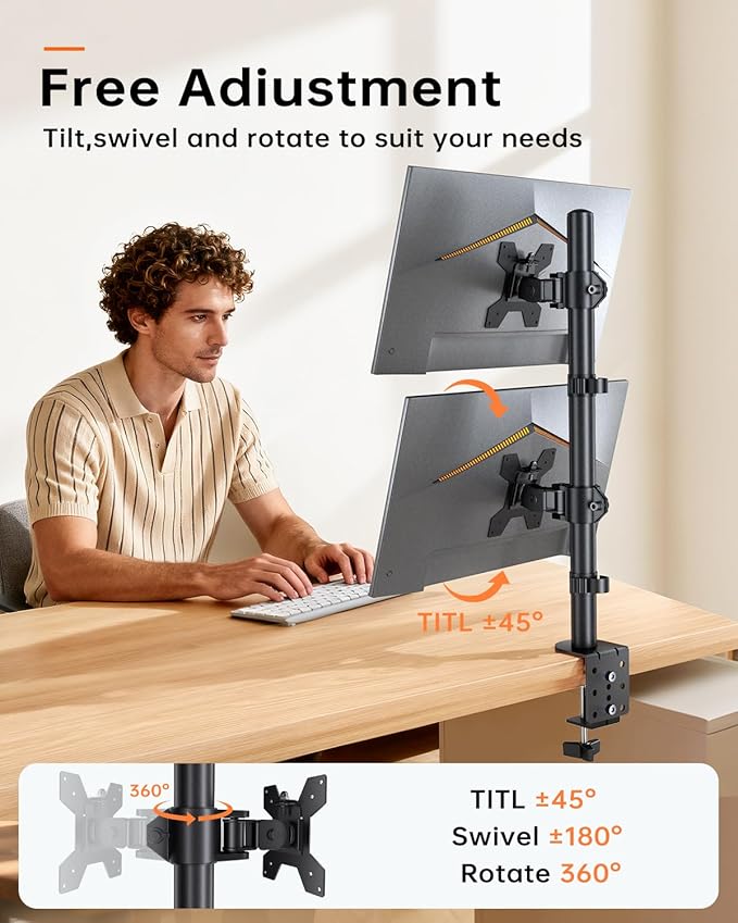 Dual Monitor Stand for 13-27'' Wide Monitor Desk Arm up to 44lbs Adjustable Stacked Double Monitor Mount with C-Clamp 75x75/100x100 VESA