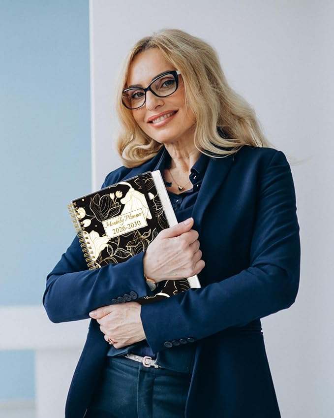 2025-2030 Monthly Planner - 64 Month PLanner Calendar from September 2025 to December 2030, Flexible Cover, Inner Pocket, 5.8" x 8.5", Perfect for Home | School | Office, White Gold Flower