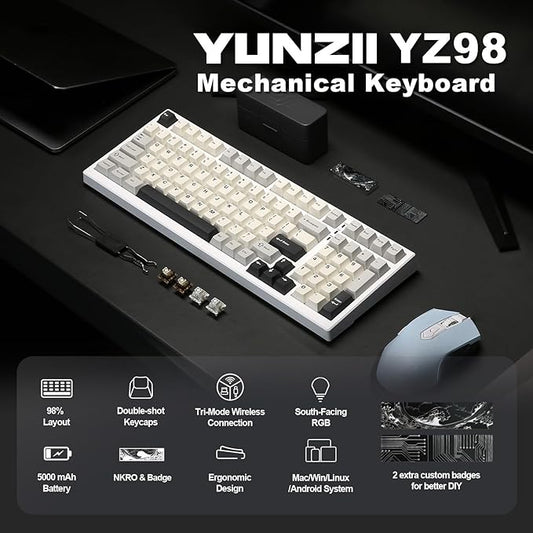 YUNZII YZ98 Gasket Mechanical Keyboard,99 Key Hot Swappable BT5.0/2.4G/USB-C Wireless NKRO 98% 1800 Layout with RGB LED Backlit for Linux/Win/Mac(Milk Switch, White)
