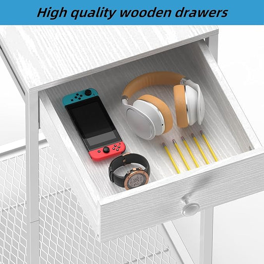 Computer Tower Stand, Adjustable PC Tower Stand CPU Holder Cart with Charge Station and USB Charging Port, 2 Tier Printer Stand with Wood Storage Drawer for Home Office Fax, White