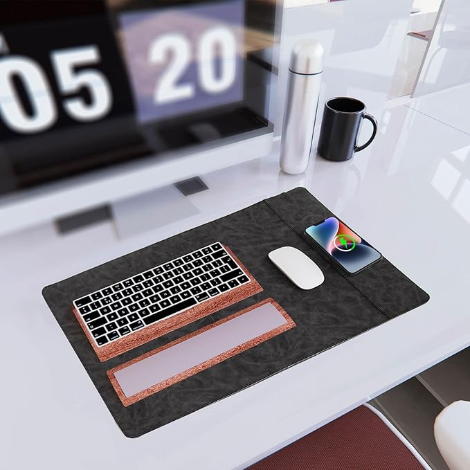 Magnetic Wireless Charging Desk Mat, 23.4"x15.6" Large Office Mouse Pad, Microfiber Leather Mouse Mat with Ultra-Smooth Surface, Waterproof Computer Keyboard Desk Mat for Office & Home, Laptop, Grey