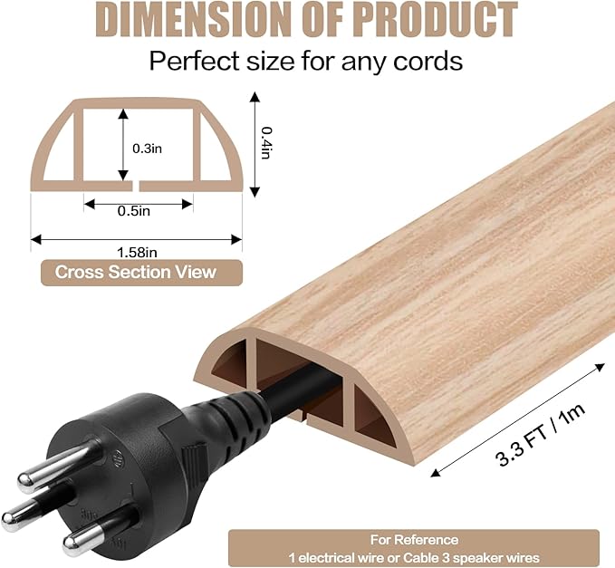 Floor Cord Cover Self Adhesive Cord Hider,3.3FT Cable Management, Extension Strip Protector for Wires, Prevent Cable Trips for Offices, Gyms, Exhibitions Cavity:0.51"(W) x0.3(H) WoodLightyellow