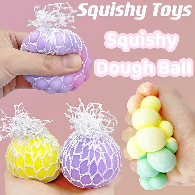 Stress Balls for Kids Fidget Toys Adults Mesh Grape Stress Ball (4Pack) Squishy Toys Fidget Squish Dough Ball Autism Sensory Toys for Autistic Children Stress Relief Toy Party Favors for 8-12
