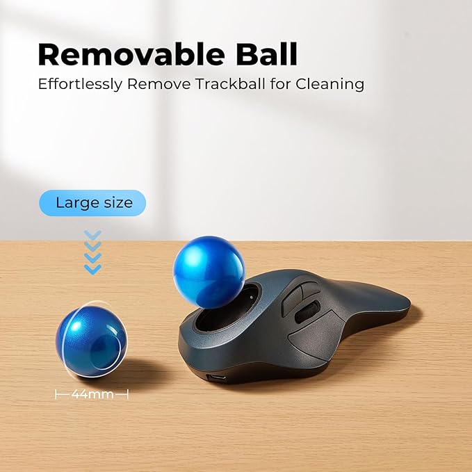 Wireless Trackball Mouse, Comfortable for Large Hands with 44mm Ball, Easy Index Finger Control, Rechargeable, Bluetooth & USB Connection, 5 DPI Adjustable, Compatible for PC, Laptop, Mac, Windows