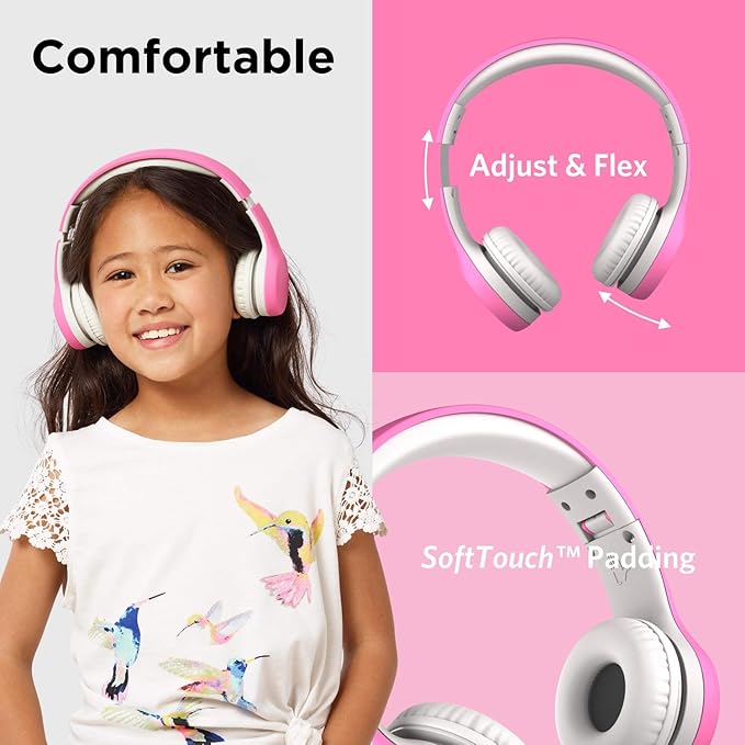 LilGadgets Connect+ Style On-Ear Kids Headphones with Microphone - SharePort Technology, SoftTouch Padding, Detachable Cable, Noise Reduction, Durable & Adjustable - Pink School Headphones for Kids