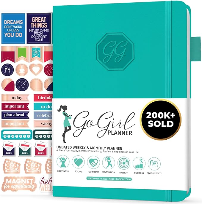 GoGirl Planner and Organizer for Women – Compact Size Weekly Planner, Goals Journal & Agenda to Improve Time Management, Productivity & Live Happier. Undated – Start Anytime, Lasts 1 Year – Turquoise