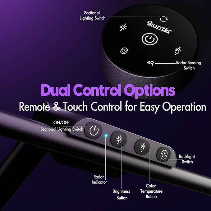 Quntis 32.5" Architect Desk Lamps for Office Home Dorm - Eye Care 3 Light Bar 1100LM Bright, Ambient Backlight, Radar Sensor, Remote Control, 2H Timer, Workbench Drafting Reading Video Conference Task