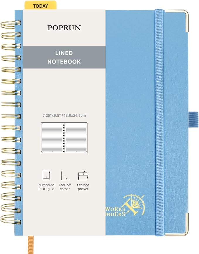 POPRUN Lined Spiral Journal Notebook for Women & Men, 7-1/4" x 9-1/2", 220 Numbered Pages, College Ruled Hardcover Notebook for Work, Journals for Writing, 120 GSM Thick Paper - Haze Blue