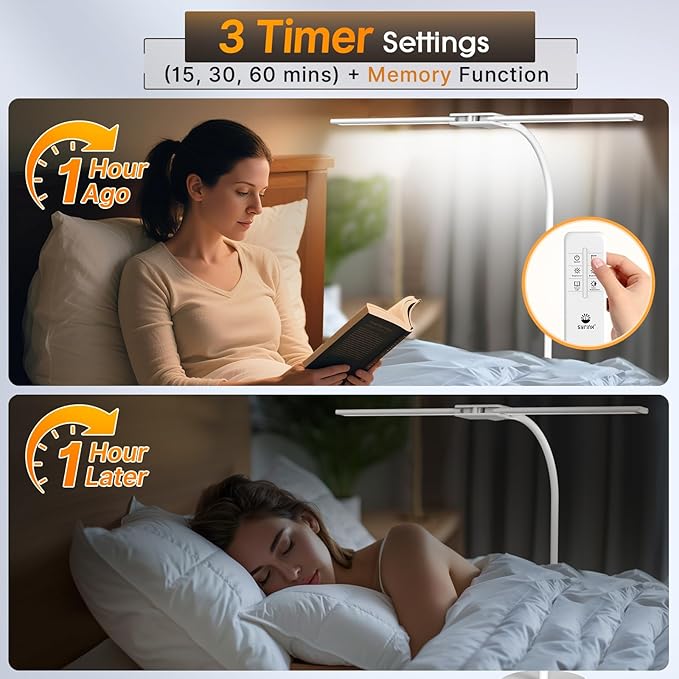 Syrinx LED Floor Lamp, Double Head Gooseneck Floor Lamps for Living Room with Gesture Switch & Remote Control, 14W Bright Tall Standing Lamp Modern Eye-Caring Reading Floor Lamp for Bedroom Office