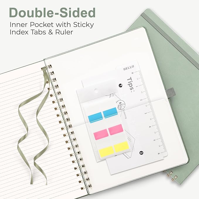 RETTACY Spiral Journal Notebook, 140 Numbered Pages, B5 Medium Size (7.6'' x 10''), for Men & Women, Journaling, Writing, Work & Office, Leather Hardcover, 100 GSM Thick Paper (Light Green)