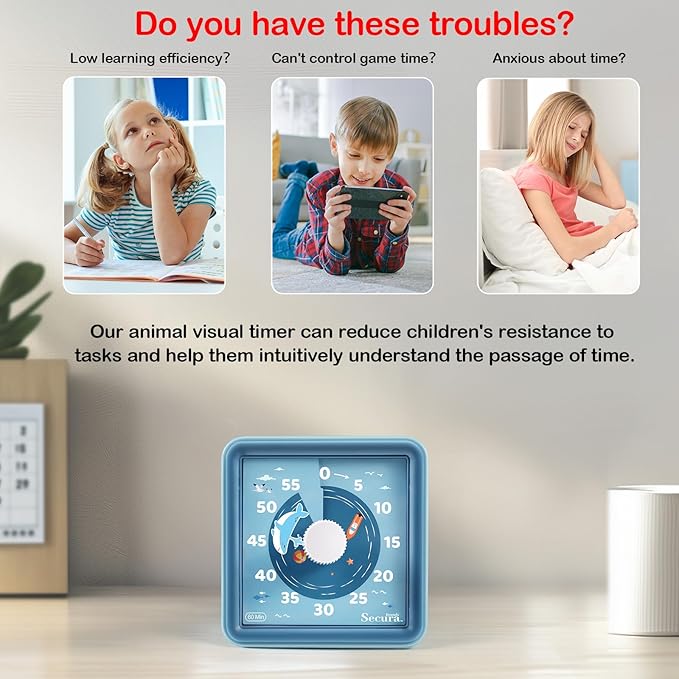Secura 60-Minute Visual Countdown Timer for Kids & Classroom, Pomodoro Time Management Tool (Blue & Blue)