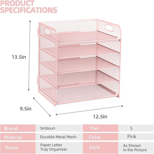 Sinboun Letter Tray Paper Organizer 5-Tier Desk Organizer File Organizer Paper Holder with Handle, Metal Desktop Document Shelf Tray Office Classroom Organization - Pink, PK5CENGTISHOU