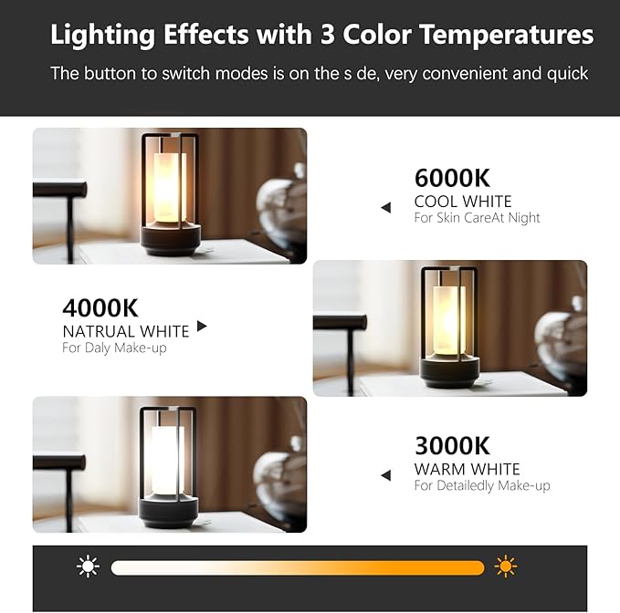 Table Lamp, Portable Cordless Rechargeable LED Lamp, 3-Colour Dimming Metal Bedside Lamp, Small Desk Lamp for Bedroom and Outdoor Use, Ideal for Restaurants, Bars, Coffee Shops and Camping