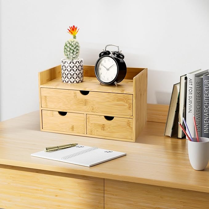 Bamboo Desk Organizer With Drawers Countertop Drawers 3 Drawers Counter Storage Box Corner Desk Organizer for Home Office No Assembly Required