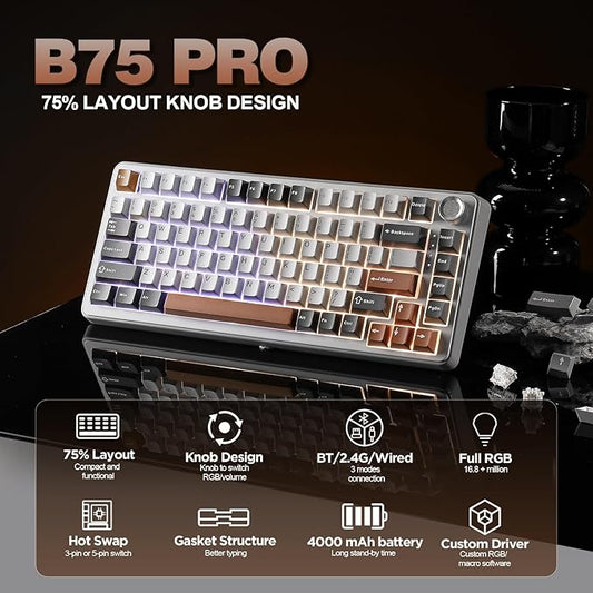 YUNZII B75 PRO Wireless Mechanical Keyboard,75% Layout with Knob,Hot Swap Gasket Custom Structure,Creamy Pre-lubed Switches,RGB Backlit,Bluetooth/Type-C/2.4G for Win/Mac(Cocoa Cream V2 Switch,Grey)