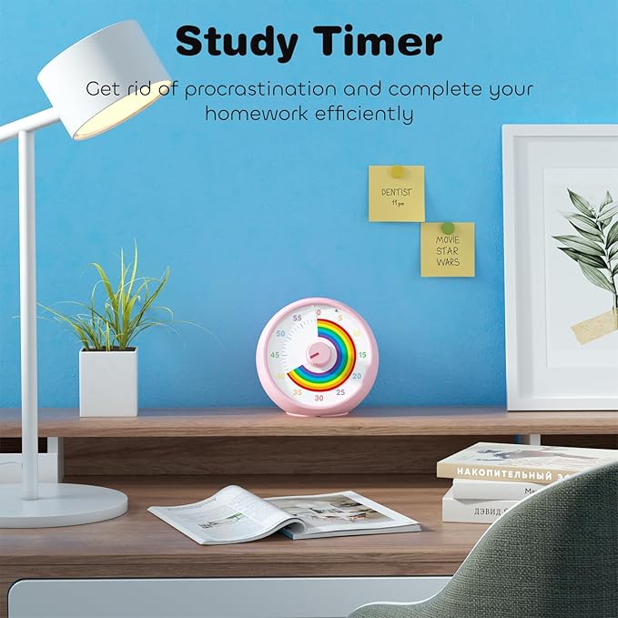 Visual Timer for Kids, 60-Minute Countdown Timer for Classroom Office Kitchen, Desk Timer Kids Time Management Tools with Silent Operation, Pomodoro Time Rainbow Pattern(Pink)