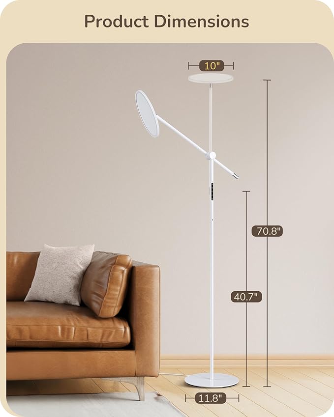 EDISHINE LED Reading Floor Lamp, 1600LM Bright Dimmable Lamp with Type-C Port, Flexible Head & Arm Tall Standing Lamps for Living Room, 3000K-6000K Modern Minimalist Lights for Bedroom, Office, White