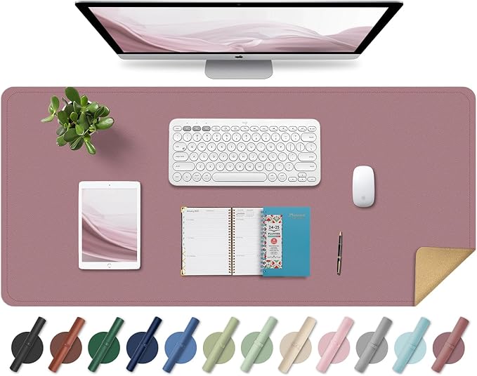 Non Slip Desk Mat, 31.5" x 15.7" PU Leather Desk Pad, Cork Desk Mat for Desktop, Desk Pad for Keyboard and Mouse, Ideal for Office and Home, Purple Pink