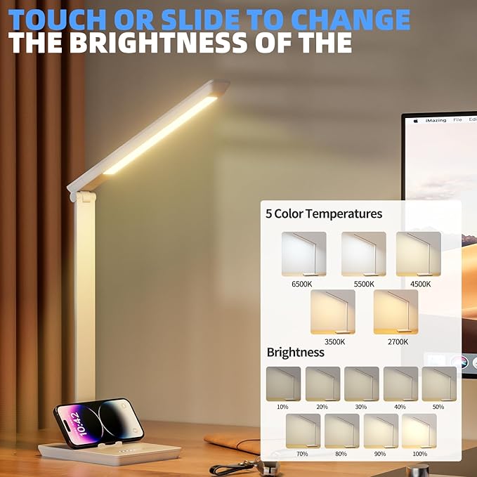 LED Desk Lamp with USB Charging Port, 14W 900LM Dimmable Eye-Caring Reading Desk Light for Stepless Dimming & 5 Lighting Modes, 9 Brightness Touch Control Desk Light for Reading, Office, Crafting
