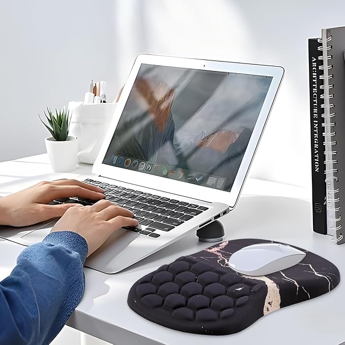 Mouse Pad Wrist Support, Ergonomic Mouse Pad with Wrist Rest, Comfortable Computer Mouse Pad for Laptop, Pain Relief Mousepad with Non-Slip PU Base Black Gold Marble