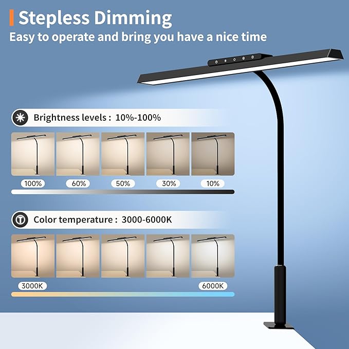 Desk Lamp, 3 Colors Stepless Dimming LED Desk Lamps for Home Office Adjustable Memory Desk Light with Clamp Touch Control Office Lamp Eye Caring Computer Light for Working Sewing(Black)