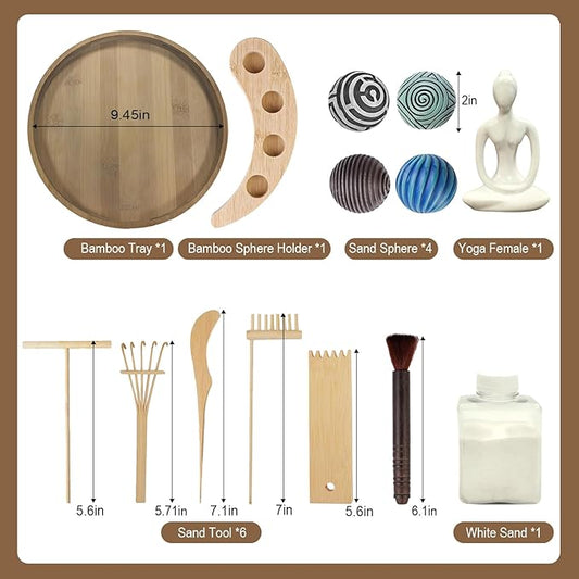 Zen Garden Kit for Desk - Premium Beautiful Japanese Mini Zen Sand Garden Box Gift Set for Home Decor, Office Desk with Large Round Bamboo Tray, White Sand, 4 Sand Spheres & Spheres Holder