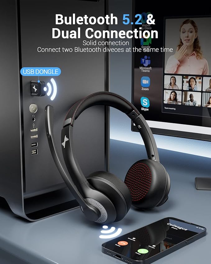 Wireless Headset with AI Noise Cancelling Microphone Bluetooth Headset - Bluetooth V5.2 Headphones with USB Dongle & Mic Mute for Computer/Laptop/PC/iPhone/Android/Cell Phones/Zoom