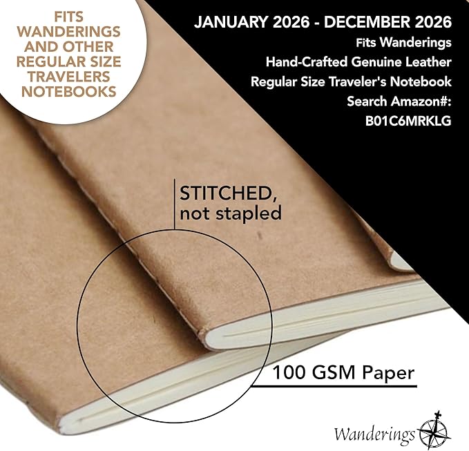 Wanderings Regular Size Traveler's Notebook Calendar Refill Inserts - 8.25 x 4.25" (21cm x 11cm) - January - December 2026 - Calendar Planner Refills For Leather Travel Journals Diaries and Planners