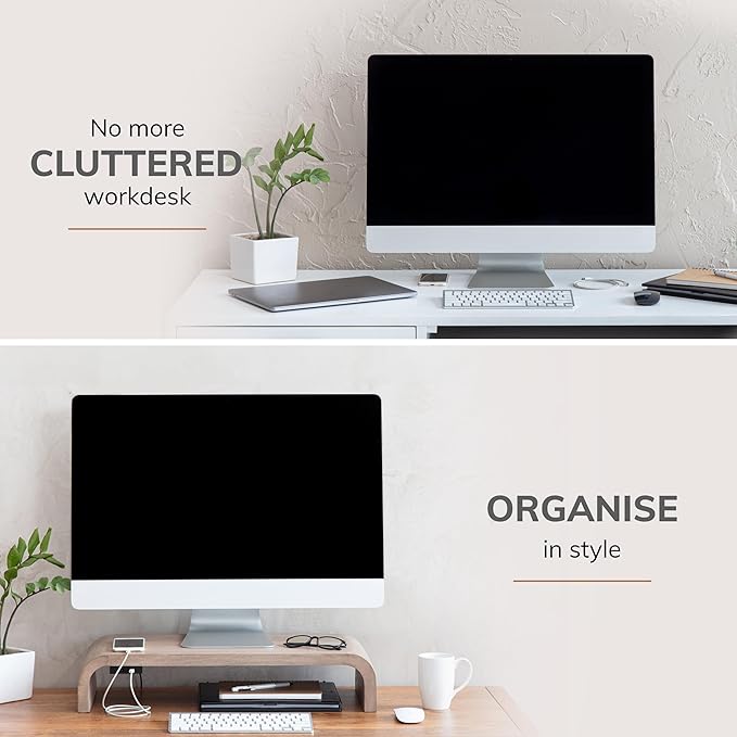 Anji Mountain Wood Monitor Stand Riser Desk Desktop Organizer Table for Home, Office Workspace, Laptop Riser, Ergonomic Design Stand for Gaming Setup, with Power Source, Biscotti