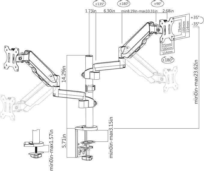 TechOrbits Triple/Double/Single Monitor Mount Stand - Computer Screen Desk Gas Spring Arm (Dual Monitor - Black)