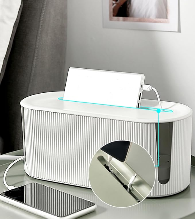 Cable Management Box,Desk Cord Organizer with Groove Cover,Plastic Cord Hider Box,Large Cable Box Organizer,Power Socket Management for TV/Computer/Router/Games Console Cable Storage (White)