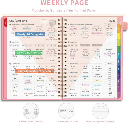 EMSHOI 2025 Planner Hourly Daily Weekly and Monthly, A4 (8.5x11), 3-Tier Appointment Book Vertical Schedule Calendar Organizer for Women Men Work Business, with Monthly Tabs, Note Pages, Pink