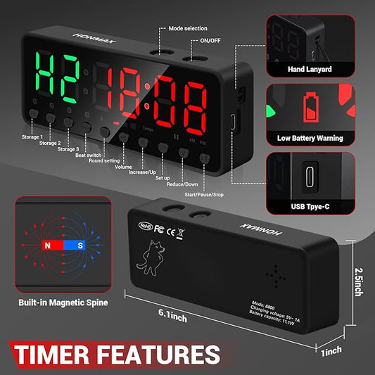 Portable Gym Timer, Fitness Timer Clock, Home Garage Gym Workout Timer, Built-in Strong Magnet and Lithium Battery and Beat Function, Large LED Digital Anti-Vertigo Display(Black+Black)