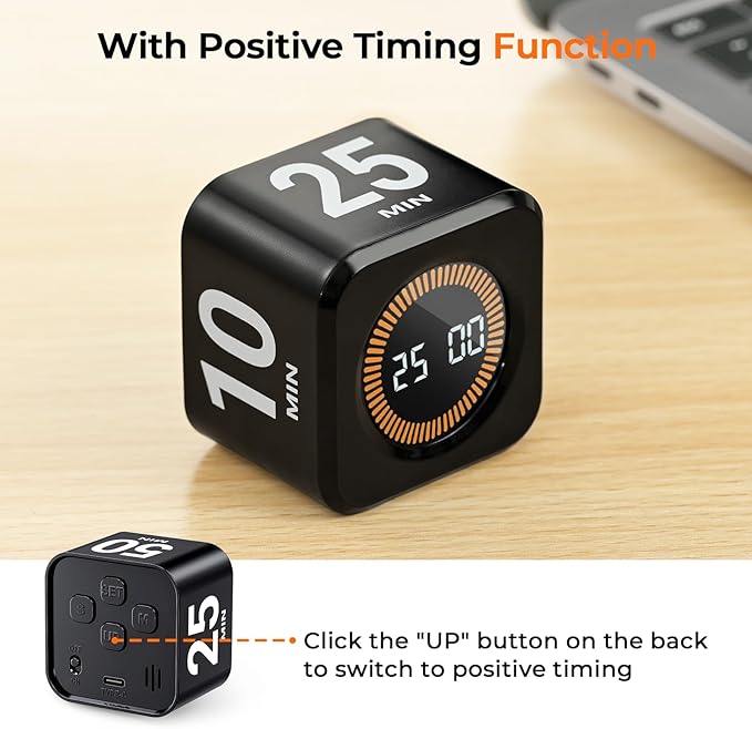 EooCoo Pomodoro Timer Cube, Visual Focus Timer with Gravity, Countdown 5/10/25/50 Min, Adjustable Silent, Rechargeable Productivity Tool for Office, Kitchen, Gym, Yoga, Meditation, Classroom