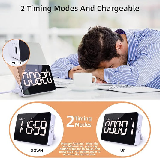 Rechargeable Digital Kitchen Timer for Cooking, Magnetic Timers with Countdown/up, Kids Timer with 5”LED Display 3 Brightness 4 Volume Adjustable for Classroom/Office/Home/Work/Study/Fitness/Game