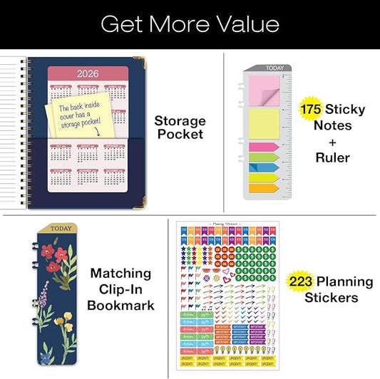 HARDCOVER Academic Year 2025-2026 Planner: (June 2025 Through July 2026) 8.5"x11" Daily Weekly Monthly Planner Yearly Agenda. Bookmark, Pocket Folder and Sticky Note Set (Navy Gold Numbers)