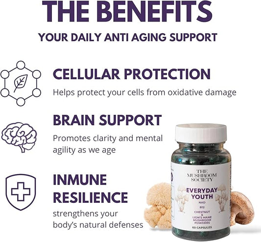 Everyday Youth - Anti-Aging Supplement - Brain & Cellular Energy Formula – Lion’s Mane, Chestnut, NAD, B12 + Beta-Glucans - 60 Vegan Capsules