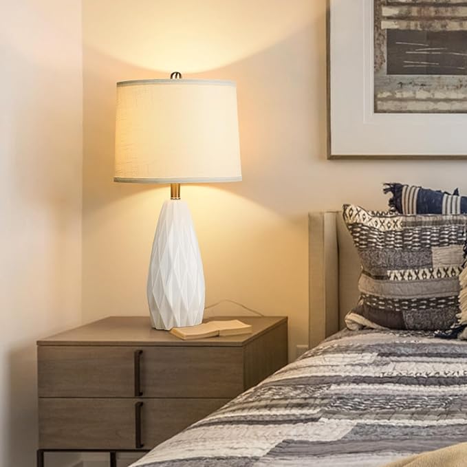 25'' Table Lamp White Table Lamps Modern Ceramic Lamps for Night Stand - Dimmable Bedside Lamps for Nightstand, Bedroom Lamp for Living Room Desk End Table Office Guest Room