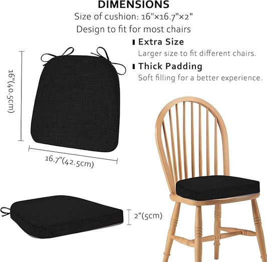 ELFJOY Chair Cushions for Dining Chairs Kitchen Chair Cushions U Shape Non Slip Chair Pads Set of 4 Seat Cushions with Ties Indoor 16.7" x 16" Black