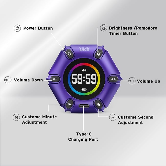 Printers Jack, Productivity Cube Timer, Visual Pomodoro Timer, Mute & Vibration & Adjustable Sound Alert, ADHD, for Office, Study, Work, 3/5/10/25/30/60min & Custom Countdown - Purple
