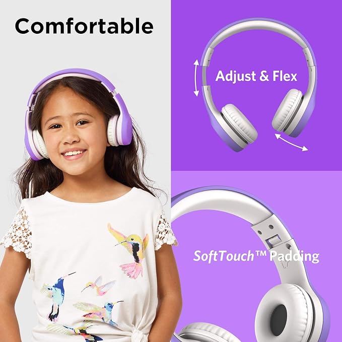 LilGadgets Connect+ Style On-Ear Kids Headphones with Microphone - SharePort Technology, SoftTouch Padding, Detachable Cable, Noise Reduction, Durable & Adjustable - Purple Wired Headphones for Kids