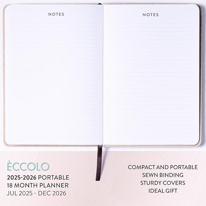 2025-2026 Eccolo 18 Month Linen Bound Planner, Monthly & Weekly Pages (5.25 x 7.75" - July 2025 to Dec 2026 - Delicate Floral)