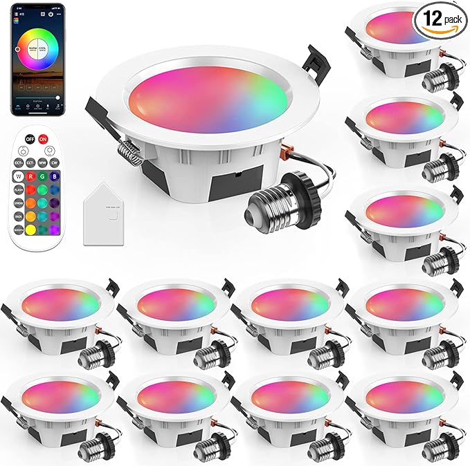 3" Smart Recessed Light 12Pack, Compatible with Alexa Google Home, WiFi & Bluetooth, RGBCW, 2700K~6500K CCT Selectable, Dimmeble, Multicolor, 3 Inch Remote Control Can-Killer LED Downlight