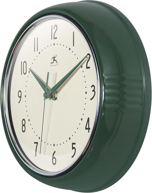 Infinity Instruments LTD. Retro 9 inch Silent Sweep Non-Ticking Mid Century Modern Kitchen Diner Wall Clock Quartz Movement Retro Wall Clock Decorative (Hunter Green)