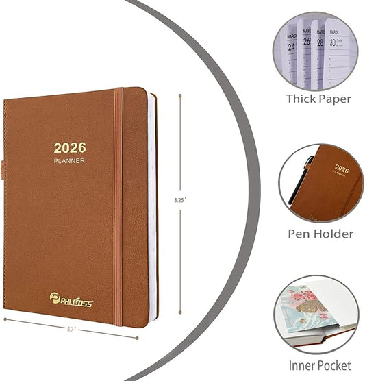 2026 Daily Planner/Calendar, One Page Per Day, Daily Monthly Agenda Planner with Time Slots and Monthly Tabs, Jan - Dec 2026, 5.7" x 8.25" Appointment Book, Pen Holder, Leather Cover (2026-Brown)